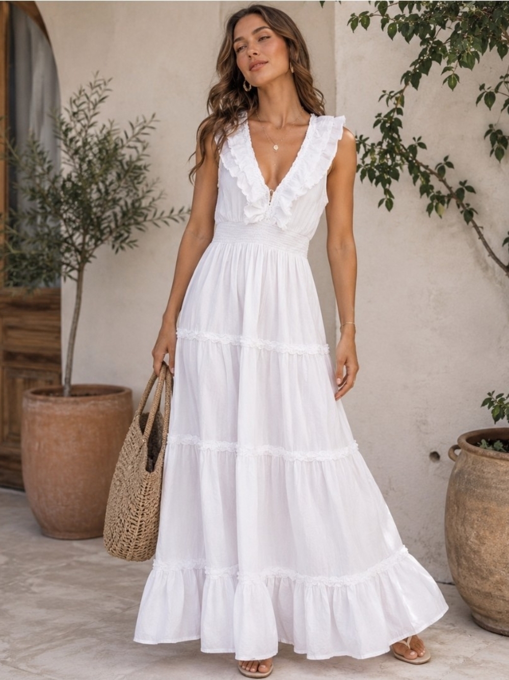 Caroline Constas White Cotton Ruffle Tiered Maxi Dress Boho Cottagecore M